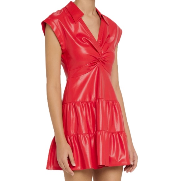 ALICE + OLIVIA Mila red Vegan Leather Deep V Twist-Front Mini Dress 10 - Picture 6 of 15